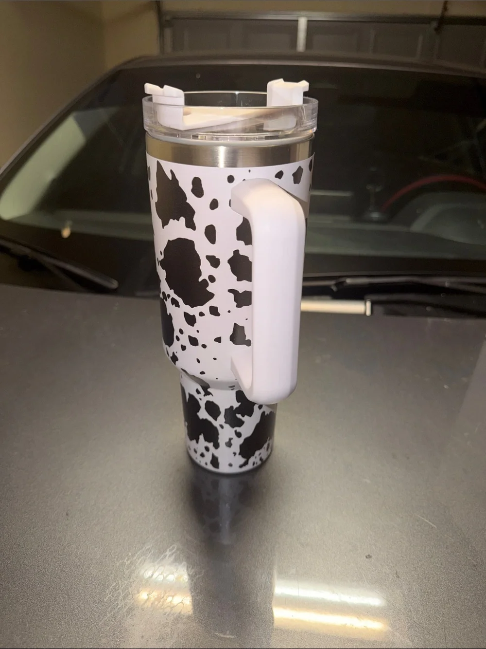 Cow Print Travel Tumbler Mug with Handle - Black & White